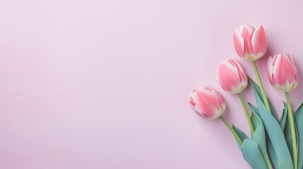 Pink tulip blooms with copy space on the side of a pastel on lite  background