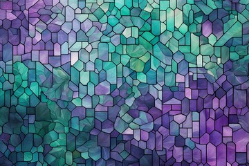 An intricate mosaic of geometric shapes and patterns in harmonious shades of jade and amethyst, intricately layered against a background resembling a tranquil forest.
