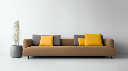 Design of a soft beige and brown sofa with yellow, red and gray pillows in a bright room. Interior element, furniture production and sale. Catalog with furniture for the site.