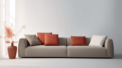 Fototapeta premium Design of a soft beige and brown sofa with yellow, red and gray pillows in a bright room. Interior element, furniture production and sale. Catalog with furniture for the site.