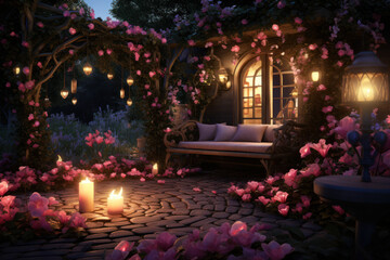 A charming garden filled with heart-shaped flowers and twinkling fairy lights, creating a magical setting for a romantic rendezvous. Generative Ai.