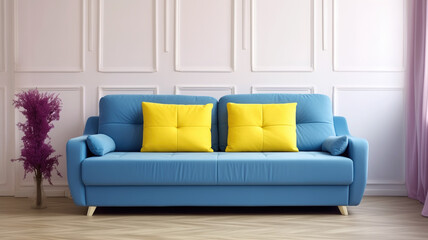 Design of a soft blue sofa with yellow and orange pillows in a bright room. Interior element, furniture production and sale. Catalog with furniture for the site.