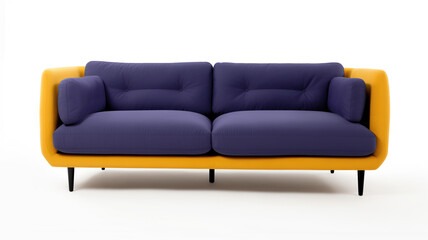 Design of a soft purple and lilac sofa with dark pillows on a white background. Interior element, furniture production and sale. Catalog with furniture for the site.