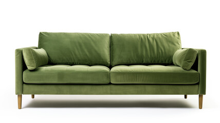 Design of a soft sofa with pillows on a white background. Upholstery green. Interior element, furniture production and sale. Catalog with furniture on the website.