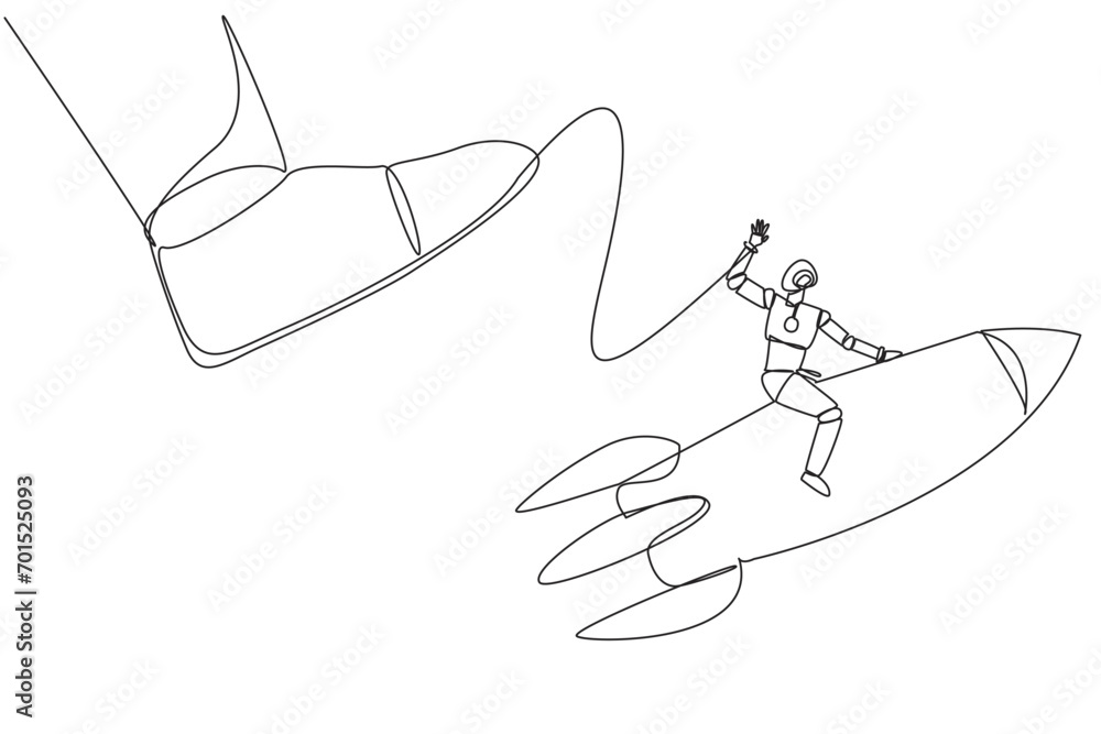 Poster single continuous line drawing smart robot riding a rocket flies away from the giant foot. survive b