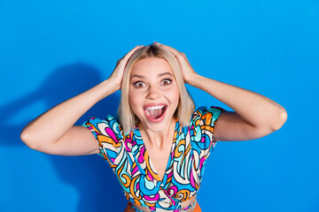 Portrait of crazy girl wear stylish shirt astonished staring at insane season sale arms on head...