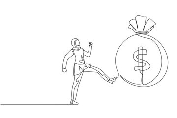Single continuous line drawing angry Arabian businesswoman kicking the money bag. Failure to make big profits. More expenses than income. Wasting a lot of capital. One line design vector illustration