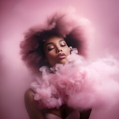 Portrait of a beautiful afro american girl with closed eyes in rapture surrounded by pink mist. The mist gently touches her skin. The pink mist symbolizes her feelings, the arrival of magical change.