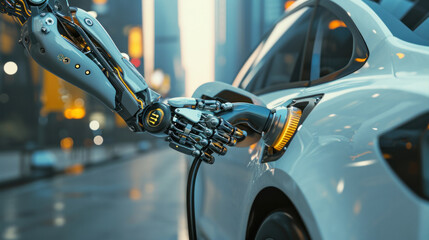 close-up of a robot's hand holding a charger for an electric car, charging it.  - obrazy, fototapety, plakaty