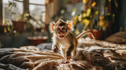 Little macaque monkey jumping on the bed.