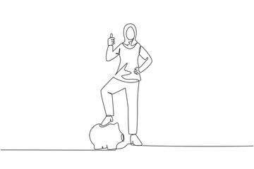 Single continuous line drawing Arab businesswoman with thumbs up pose and steps on piggy bank. Invitation to insure assets in the form of investments. Better life. One line design vector illustration