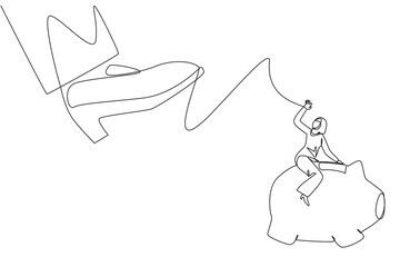 Single one line drawing Arabian businesswoman riding a piggy bank runs away from giant foot. Add expertise to acquire assets elsewhere. For a better future. Continuous line design graphic illustration