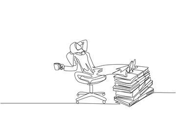 Single one line drawing Arab businesswoman sitting relaxed in work chair. Foot resting on stacks of banknotes. Enjoy the glory of doing business. Marvelous. Continuous line design graphic illustration