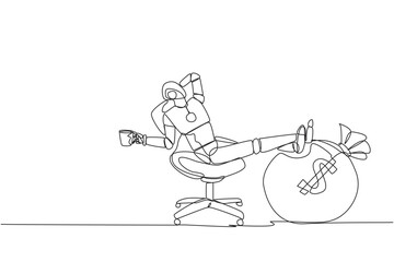 Single one line drawing smart robot sitting on a office chair holding a mug. Foot resting on money bag. Profit multiplier robot. Future technology concept. Continuous line design graphic illustration