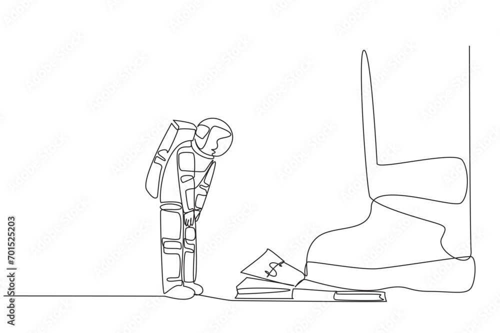 Aufkleber continuous one line drawing astronaut nodded in front of giant foot stepping on stack of banknotes. 
