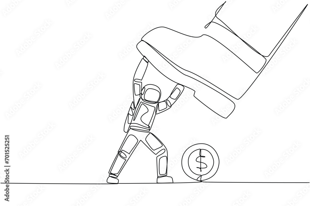 Poster single continuous line drawing astronaut holds back a giant foot wants to step on large coin with do