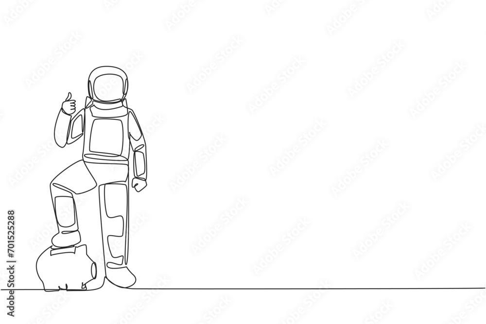 Poster single continuous line drawing astronaut stands with thumbs up pose and steps on the piggy bank with