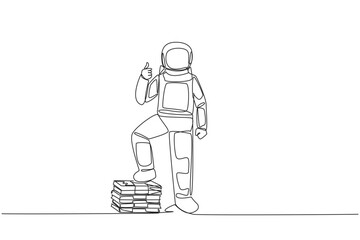 Continuous one line drawing astronaut stands with thumbs up pose and steps on stack of banknotes with one of foot. Get important expedition sponsors. Space. Single line draw design vector illustration