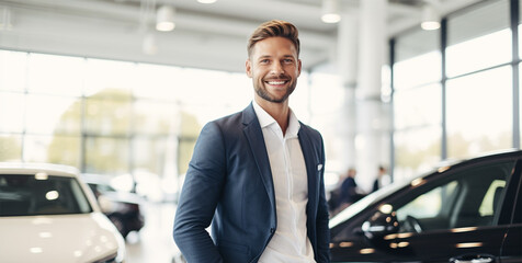Happy smiling young executive manager standing confidently with arms crossed and looking at camera in car dealership. professional business man in a stylish suit. 