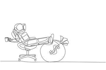 Single one line drawing astronaut sitting in a work chair holding a mug. Foot resting on money bag. Expedition to the moon with a lot of money. Cosmonaut. Continuous line design graphic illustration