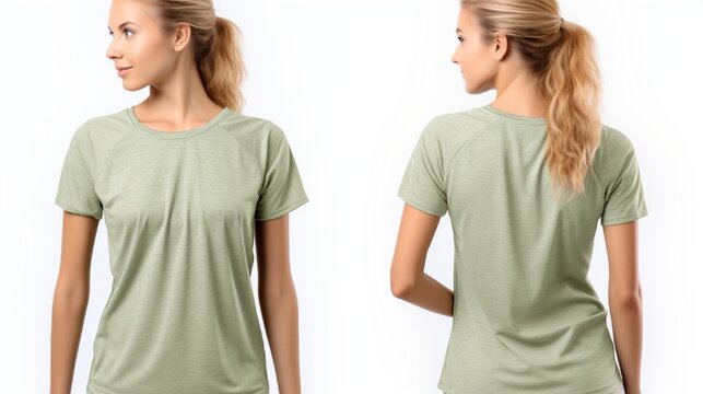 A front and back view of girl wearing a t shirt on white background a design mock up