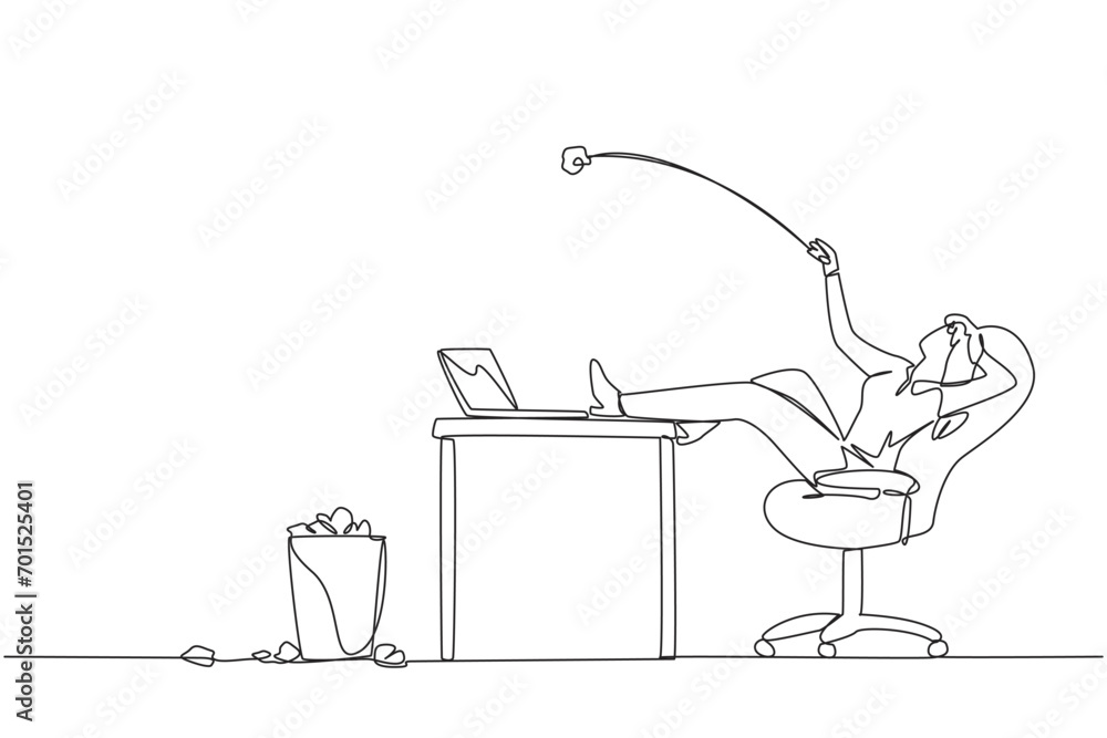 Aufkleber continuous one line drawing businesswoman sitting in chair throwing wads of paper into trash. spendi