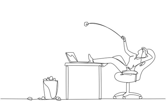 recommend clip art: Continuous one line drawing businesswoman sitting in chair throwing wads of paper into trash. Spending time on useless things. Not taking advantage of time. Single line draw design vector illustration
