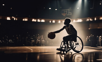 teenage boy in a wheelchair plays basketball on the court