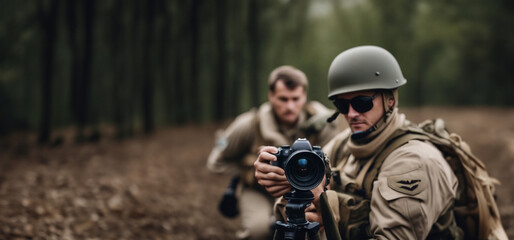 military photographer in military uniform with a camera on the battlefield - obrazy, fototapety, plakaty