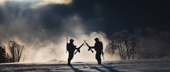 concept of a truce on the battlefield, the conclusion of peace in a war and the end of hostilities. - obrazy, fototapety, plakaty