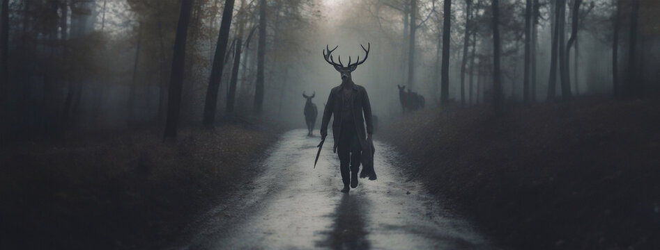 zombie apocalypse concept zombie virus near deer in the forest,  CWD &mdash; сhronic wasting disease