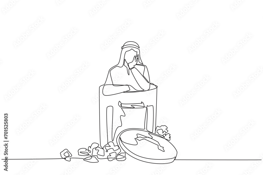 Aufkleber continuous one line drawing arabian businessman is in trash. poor mentality. down in the dumps. thin