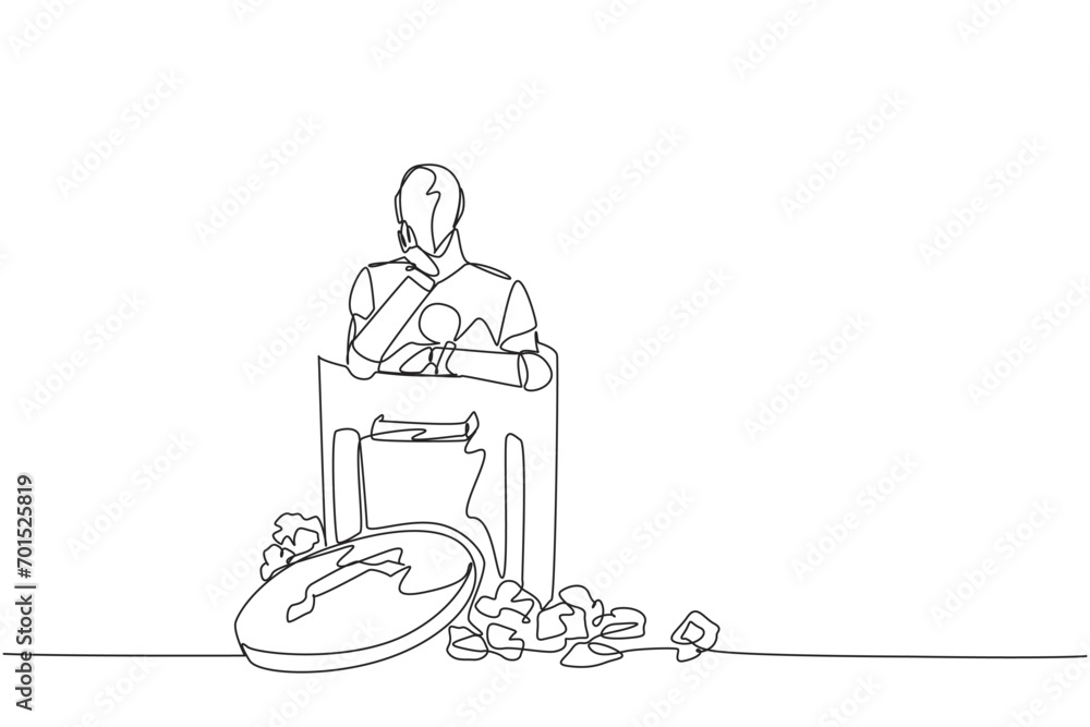 Poster single one line drawing robot is in the trash. artificial intelligence is not yet efficient. unable 