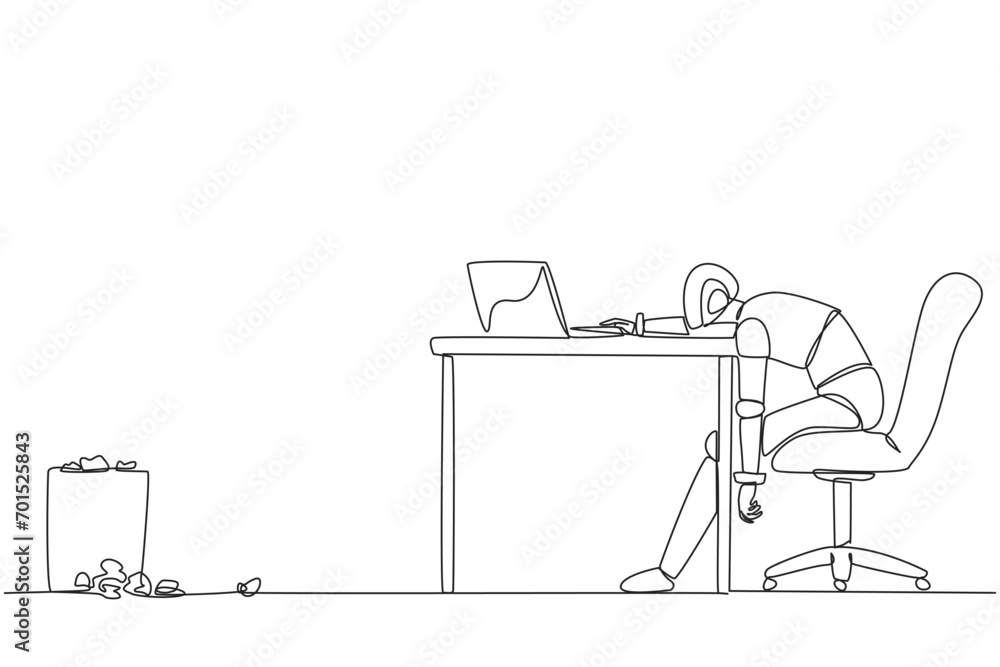 Poster single continuous line drawing robot sitting in a work chair looking tired. want to program on lapto