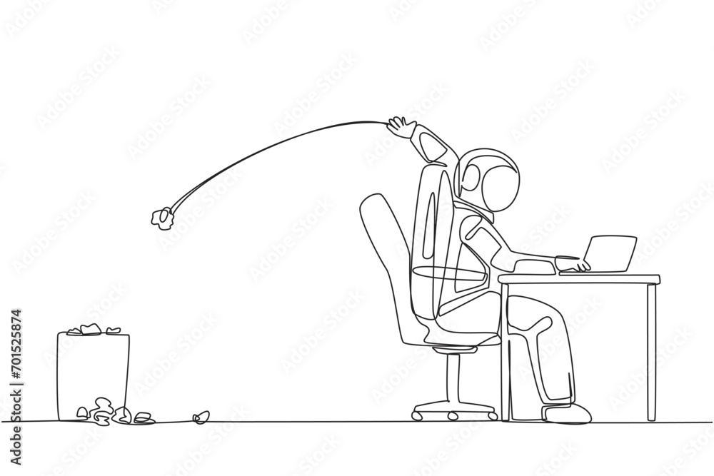 Poster single continuous line drawing astronaut typing at a work desk throwing wads of paper into trash. cr