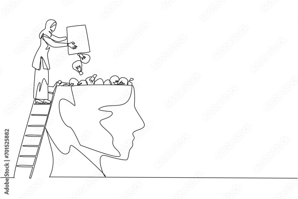 Canvas Prints Continuous one line drawing Arab businesswoman climb to the large, open head with stairs. Throw away the lightbulb. Putting down the best solution. Profit. Single line draw design vector illustration