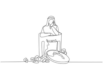 Continuous one line drawing Arabian businessman is in trash. Poor mentality. Down in the dumps. Think and try to get back up. Thinking about new business. Single line draw design vector illustration