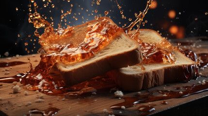 Two pieces of toasts and splashing syrup on black background.