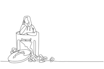 Single one line drawing a businesswoman is in the trash can. Poor mentality. Lost and wrong in everything. Business collapsed. Falling into debt everywhere. Continuous line design graphic illustration