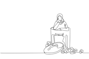 Single continuous line drawing Arabian businesswoman is in the trash. Poor mentality. Contemplating fate. Unable to pay all bills. Trying to find the best way out. One line design vector illustration