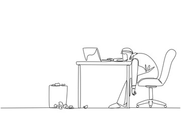 Continuous one line drawing Arabian businessman sitting in work chair looking tired. Chasing lots of deadlines. Many reports are wrong. Not focus on laptop. Single line draw design vector illustration
