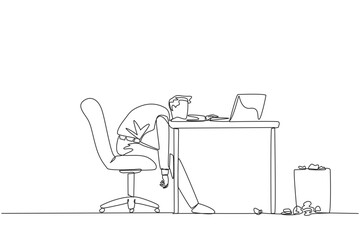 Fototapeta premium Single continuous line drawing businessman sitting in work chair looking tired. Want to work on business reports on a laptop. Very tired. Loss of focus and passion. One line design vector illustration