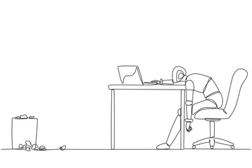 Single continuous line drawing robot sitting in a work chair looking tired. Want to program on laptop but not enthusiastic. Future artificial intelligence concept. One line design vector illustration