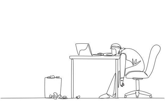 Continuous one line drawing Arabian businessman sitting in work chair looking tired. Chasing lots of deadlines. Many reports are wrong. Not focus on laptop. Single line draw design vector illustration