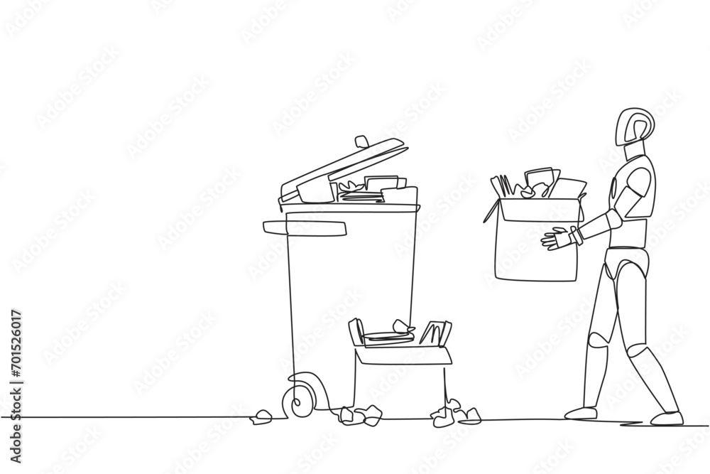 Poster single one line drawing robot carrying a cardboard box full of piles of paper to the trash. robots c