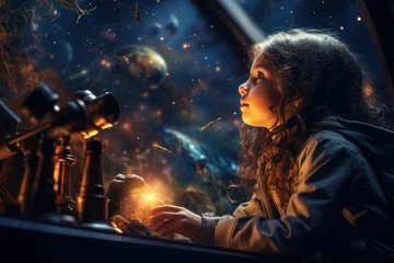 Fototapeten A girl exploring the wonders of astronomy through a telescope, fostering a love for science and discovery. Generative Ai. © Sebastian