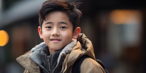 an asian boy wearing a jacket smiling, generative AI - obrazy, fototapety, plakaty