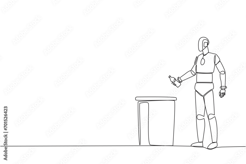 Poster continuous one line drawing robot throw used plastic bottles into overflowing trash cans. environmen
