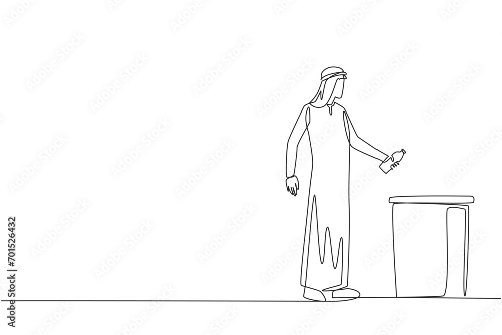 Aufkleber continuous one line drawing arabian man throw used plastic bottles into overflowing trash cans. envi
