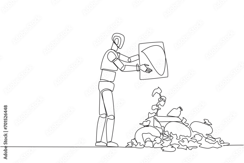 Poster single continuous line drawing robot throws rubbish into rubbish pile. environmental care. robot car